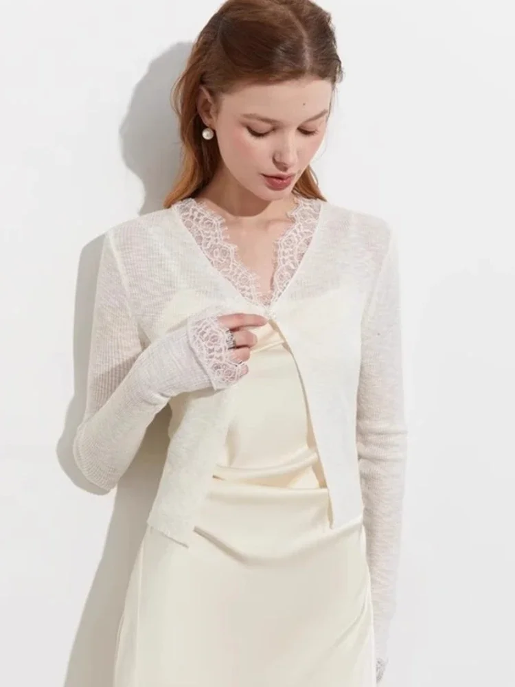 夏用薄手カジュアル無地レディース日焼け止めカーディガン韓国風長袖カーディガンレース付きワンボタンクロップトップ女性用ニットセーター