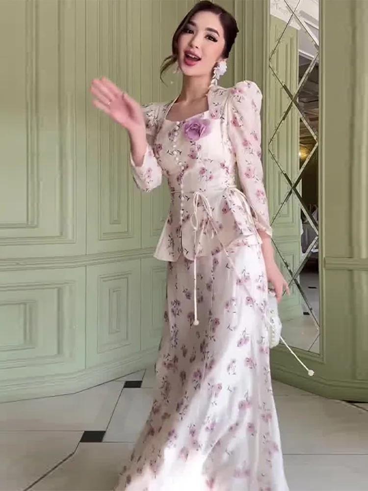 

Элегантный комплект юбок с принтом, женский комплект с круглым вырезом и пышными рукавами, однобортный топ, тонкая юбка-миди, комплект 2024, женский костюм для отпуска