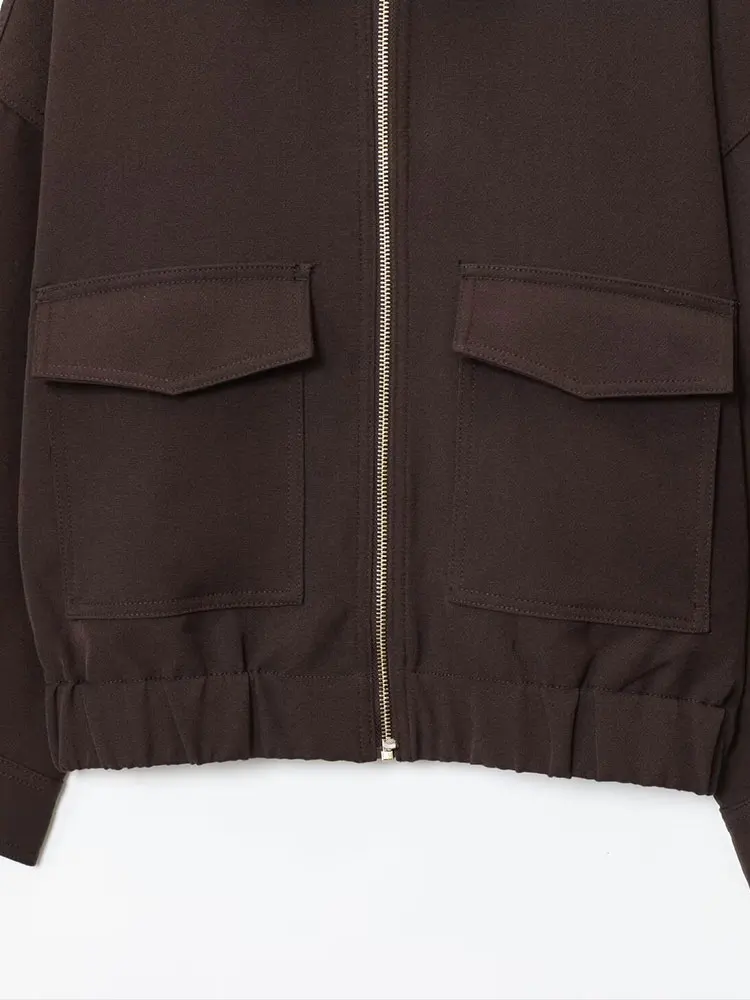 NLZGMSJ المرأة 2025 الخريف الملابس الأنيقة سترة خمر التلبيب طوق سستة كم كامل جيب معطف سيدة ملابس خارجية