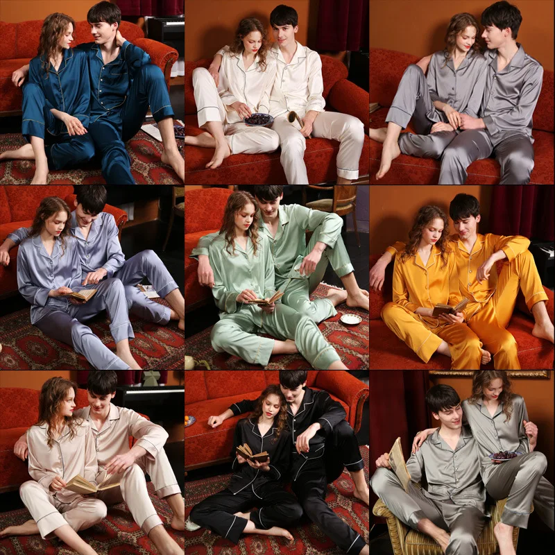 High Quality Couple New Pajamas Suit Women Ice Silk Thin Autumn Summer Loungewear Men Satin Solid Classic Sleepwear Set Unisex