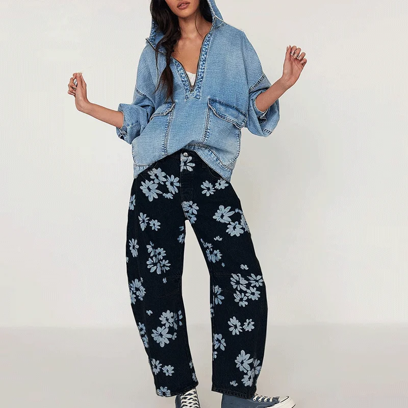 

Women Print Barrel Leg Jean Twist Banana Denim Pants Wide Leg Baggy Jeans Streetwear Multicolor Casual Mid-waist Scythe Jeans