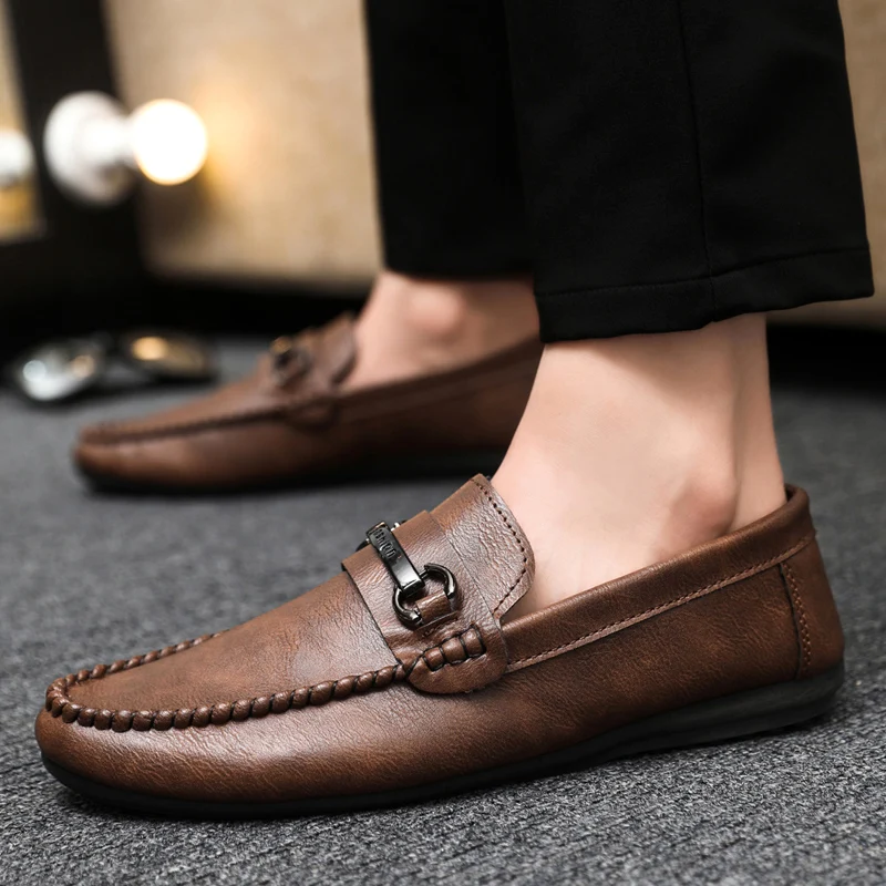 British Style Men's Loafers Comfy Leather Casual Shoes For Men Moccasins Lightweight Non-slip Driving Shoes Man Slip-on Shoes