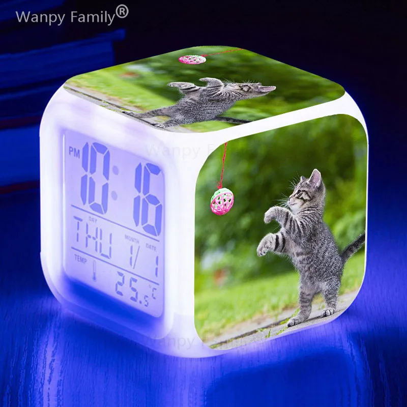 Cute Kitten 7 Color Changing LED Alarm Clock Boys Girls Gifts Student Room Wake Up Timer Home Decor Portable Desk Clock