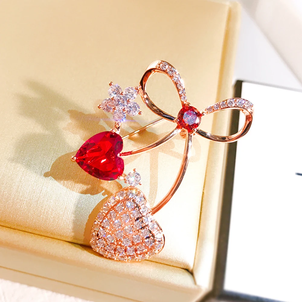 Shinny Rhinestone Red Love Heart Cherry Brooches Pin for Women Girls Bowknot Corsage Clothing Accessories