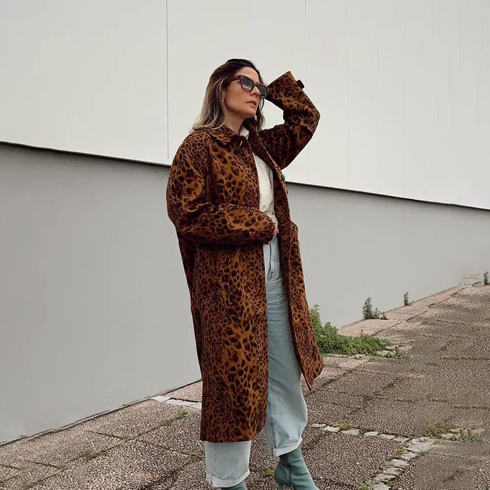 PRINTKAOIR 2024 Autumn Leopard Print Women Oversize Trench Long Sleeve Mid Length Loose Jacket Female Coat Streetwear Y2K