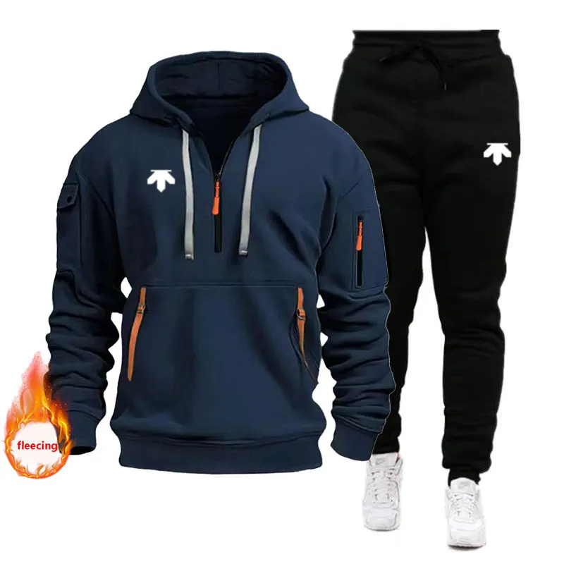 

Fall/winter New Men's Sportswear Outdoor Sports Multi-pocket Cargo Style Fleece Lining Hoodie + Sweatpants 2 Sets Of Casual Men