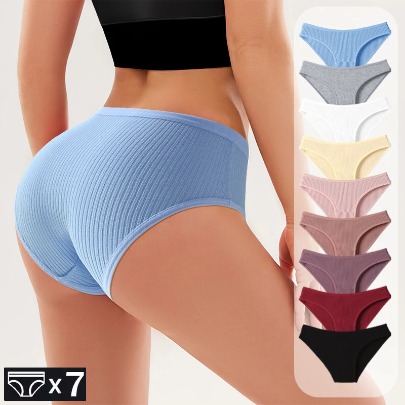 7Pcs Women's Panties Striped Briefs for Women Low-Rise Breathable Cotton Female Soft Underwear Solid Colors Ladies Underpants - Image 4
