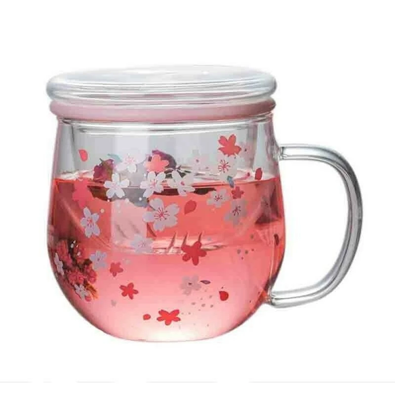 Sakura Mug Glass Mug With Tea Infuser Filter&Lid Cherry Blossoms Cup Set Blossoms Flower Teacup 300Ml Glasses Drinking