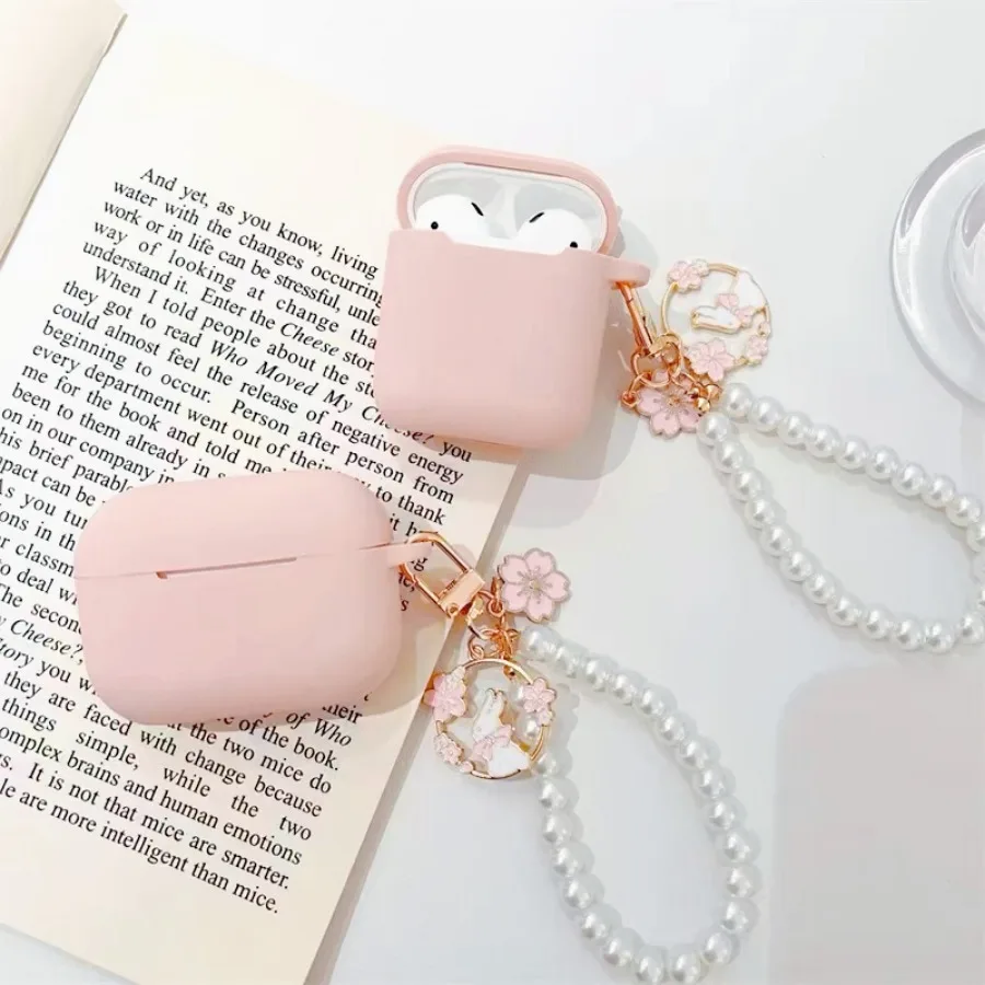 غطاء سماعة أذن سيليكون فاخر مع سلسلة مفاتيح ولؤلؤ وزهور ، حافظة لسماعات الأذن Pro 2 و 4 و 3