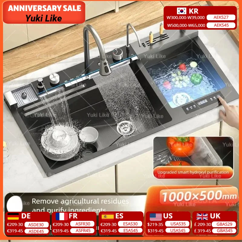 

Кухонная мойка 100x50 с двумя отсеками для овощей, из нержавеющей стали 304, многофункциональная, с функцией очистки воды и катализатором для ингредиентов