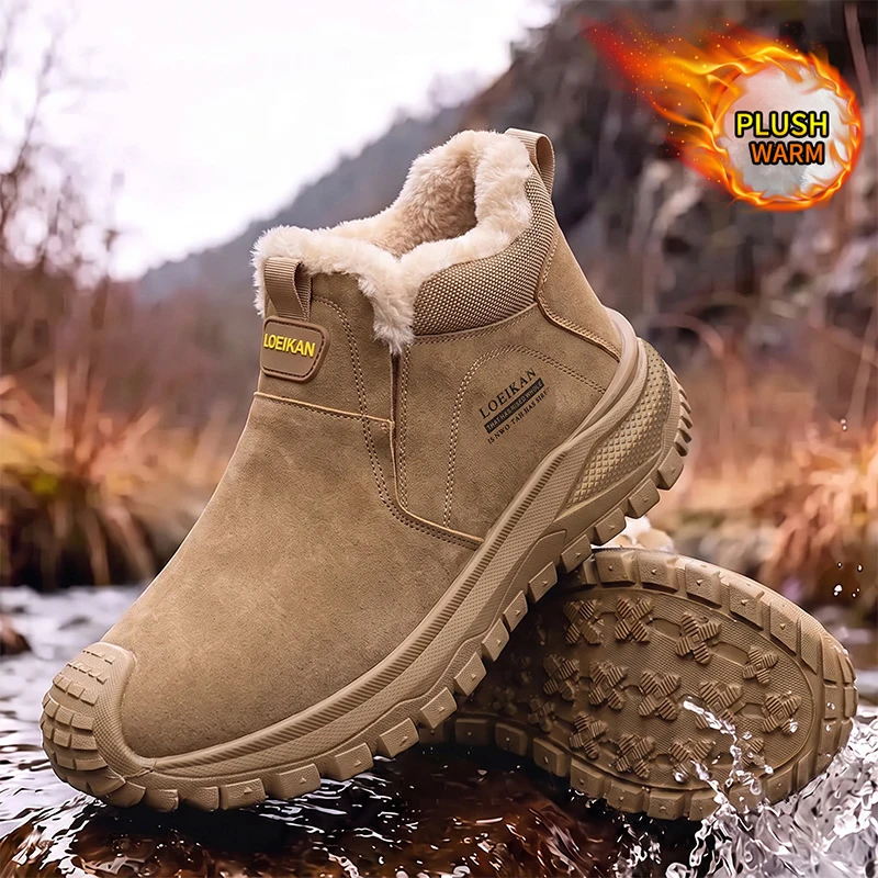 Men Warm Plush Lined Ankle Boots Suede Upper Slip‑on Design Chunky Thick Sole Comfort Fashion Winter Daily Male Footwear