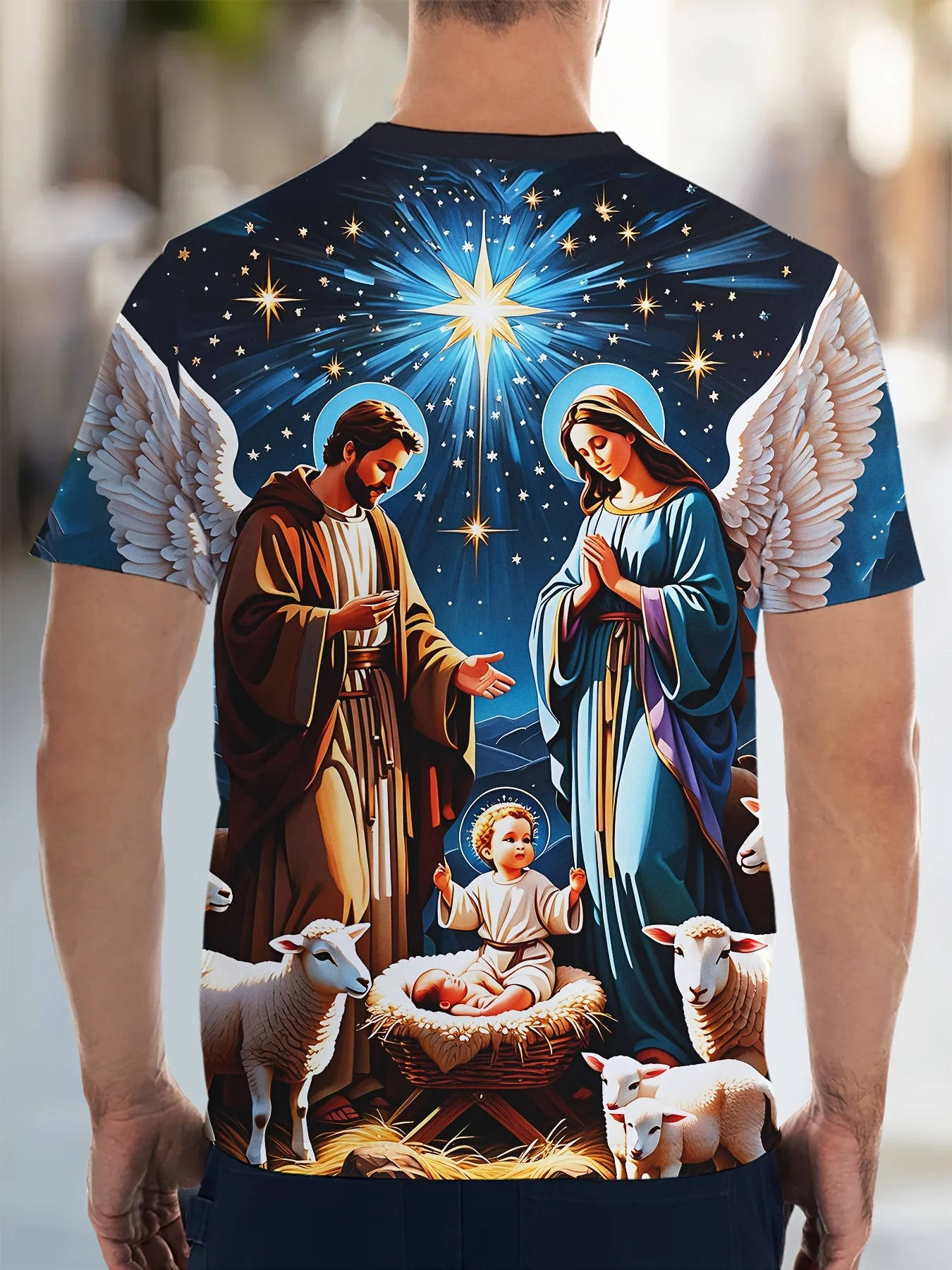 Men Nativity Scene Holy Family Virgin Mary Joseph Jesus Sheep Star Sky Full Print Religious Crew Neck Short Sleeve Tee