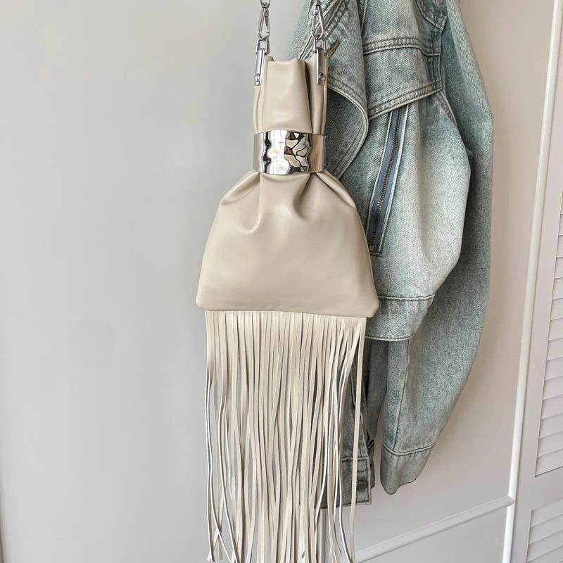 Boho Long Tassel Mini Crossbody Bag Women Vintage Metal Buckle Drawstring Leather Shoulder Purse Party Evening Handbag