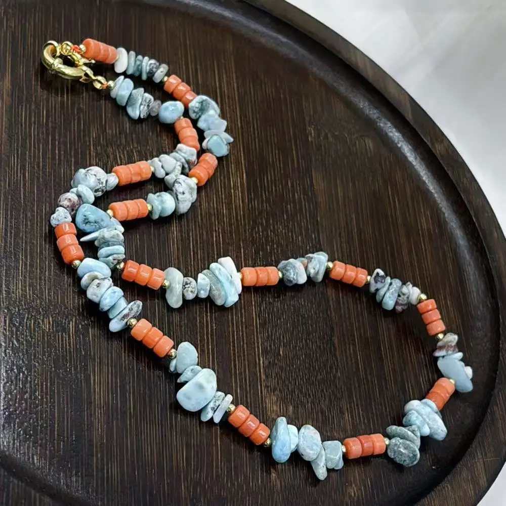 Christmas Jewelry Gift Natural Gemstone Blue Larimar Sea Bamboo Orange Drum Coral Women Jewelry Necklace