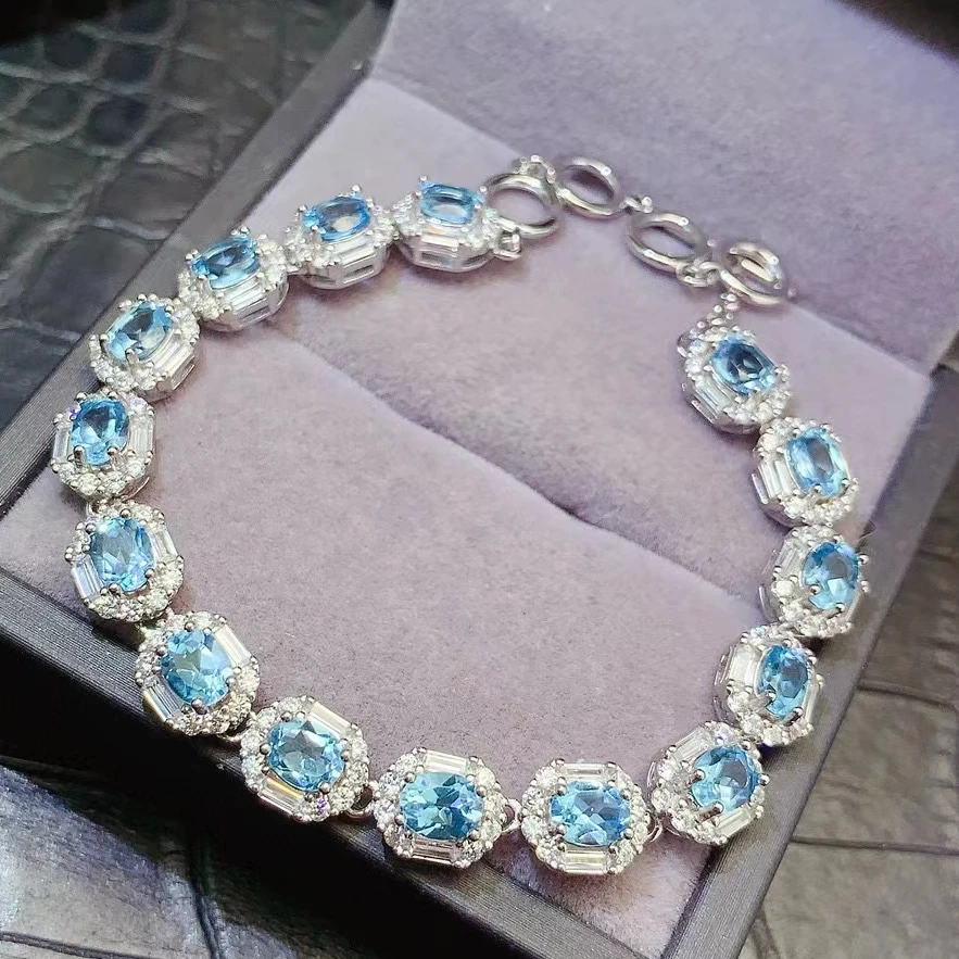 Classic Gemstone 925 Silver Bracelet 4mm*5mm 6ct Natural Light Blue Topaz Bracelet for Party 18K Gold Plated Topaz Jewelry