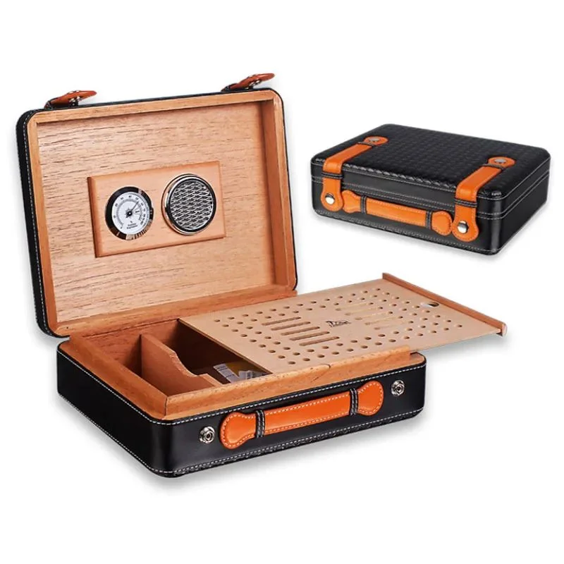 

Outdoors Cigar Case Cigar Humidor Wood Leather Box W/ Hygrometer Humidifier Smoking Accessories