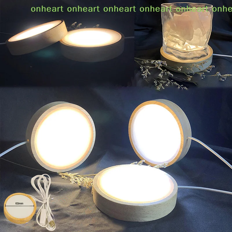 [C]Wooden LED Light Base Night Light Holder Display Decoration Wooden Lamp Base LED Light Rotating Display Stand USB