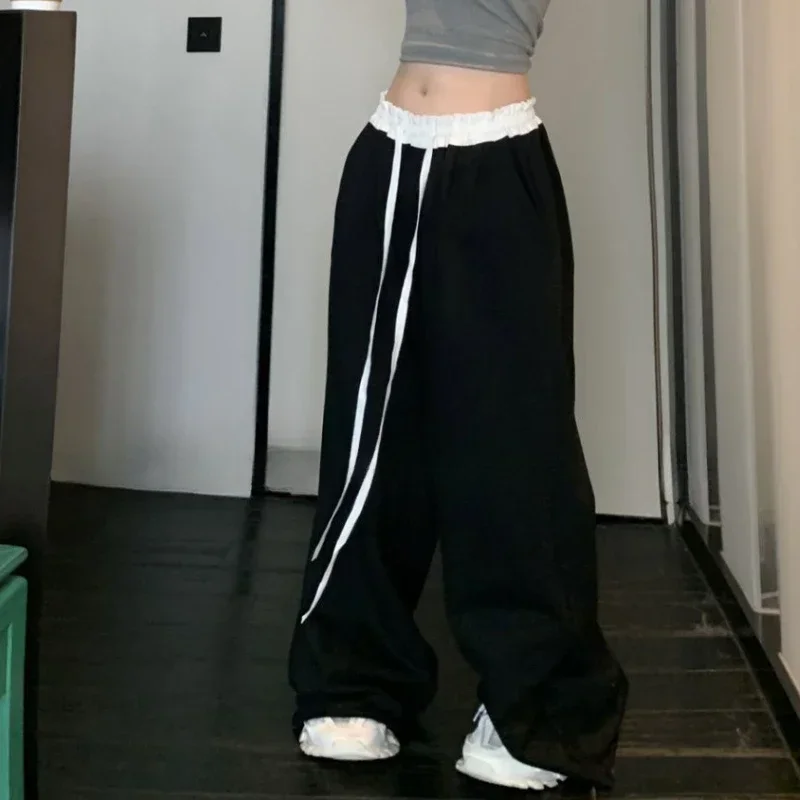 QWEEK Woman Baggy Grey Sweatpants Casual Sports Korean Fashion Wide Leg Pants Autumn Patchwork Waist Joggers New Trousers 2024