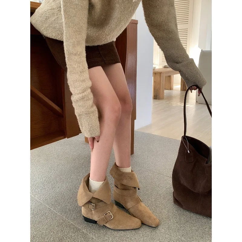 

Brown Faux Suede Short Boots Women's Autumn Winter Thick Heel Retro Style Waterproof Ankle Boots Korean Style Shoes