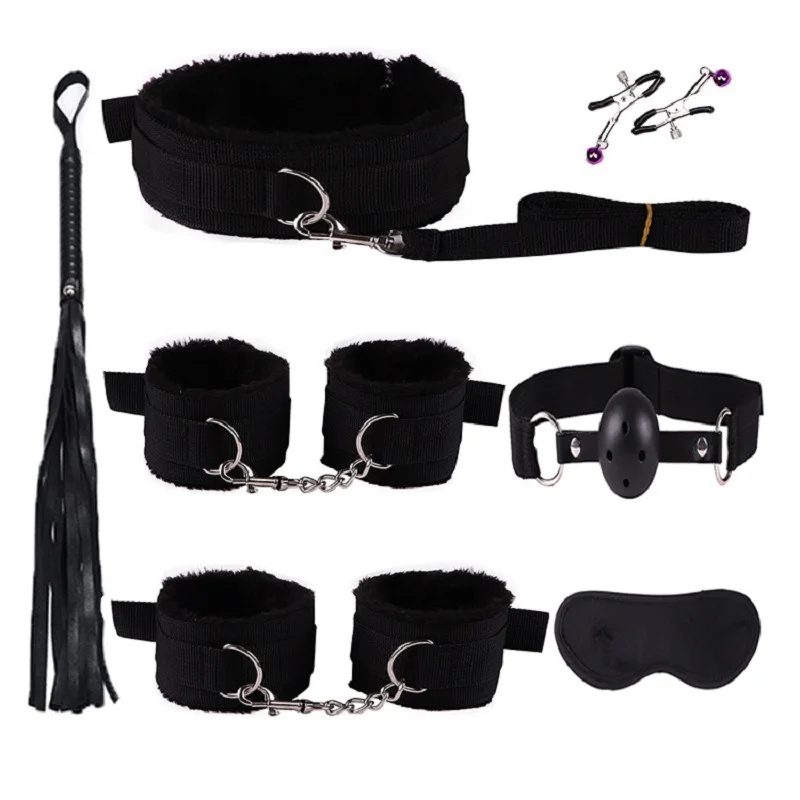 7PC BDSM Bed Restraints Sex Toy Kits Handcuffs 18+ Adult Sex Game Sexy Suit Nipple Clipper Mouth Gag Whip Sex Feather Soft SM