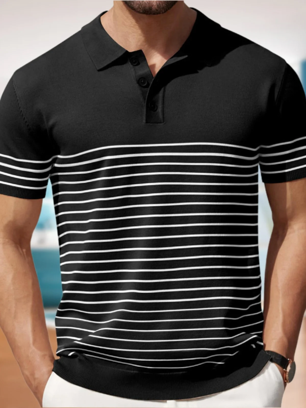 

Men's Casual Stripe Knit Shirt Business Cool Silk Knitted Summer Short Sleeve T-Shirt Standard Fit Versatile Male Fashion