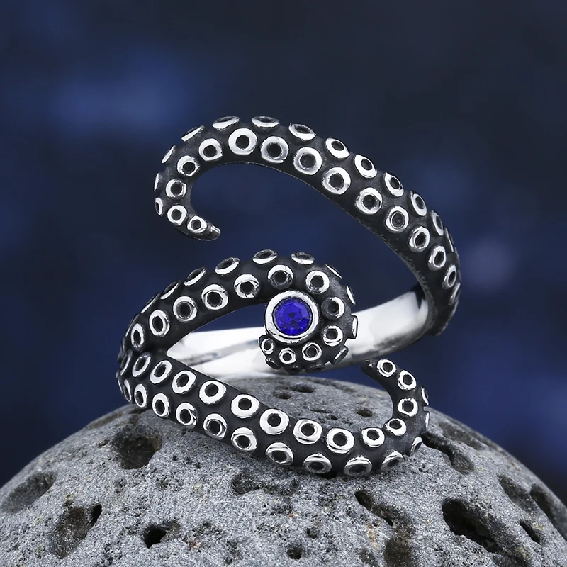 Fashion Men Rings WIth Blue Zircon Stainless Steel Vintage Octopus Style Irregular Pattern Trendy Accessories For Man Women Gift