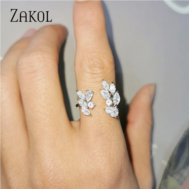 ZAKOL Fashion Wedding Ring for Women Leaf Shape Clear Cubic Zirconia Rings Party Jewelry Wholesale