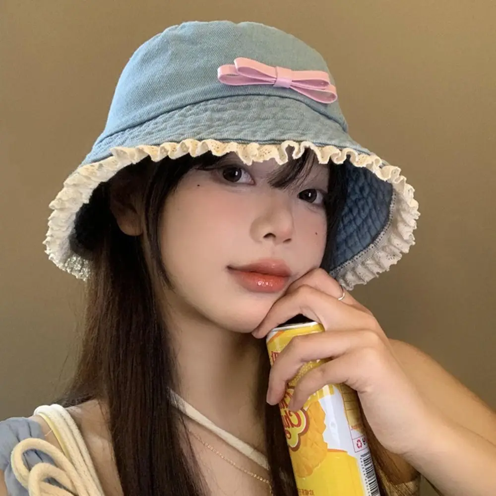 

Sweet Big Brimmed Denim Bucket Hat Y2K Bow Tie Lace Fisherman Hat UV Protection Korean Style Bow Sunscreen Hat Lady