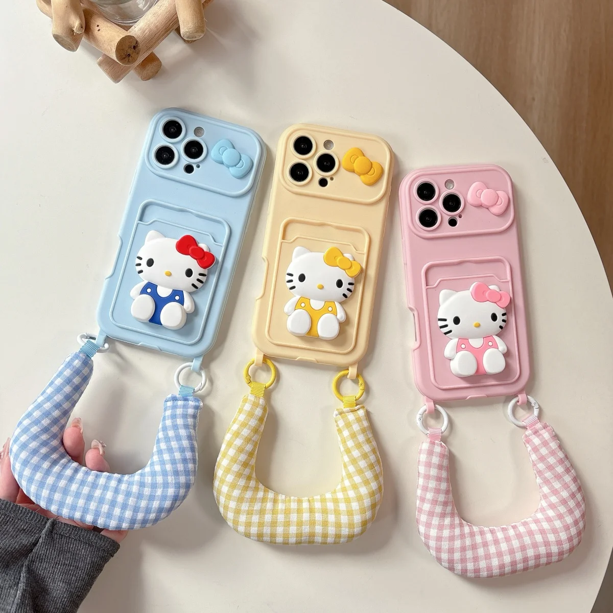 

3D Stereoscopic Wallet Hello Kitty short style Wrist strap Phone Case For iPhone 14 15 17 Pro Max 16 Plus Shockproof Cover