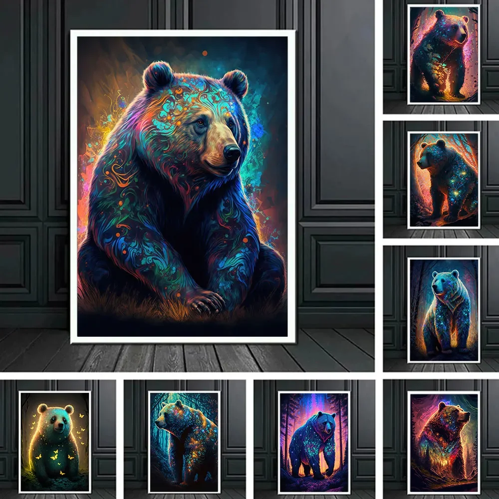 Abstract Neon Wild Animal Posters and Print Polar Bear Galaxy Canvas Painting Wall Art Pictures for Living Room Home Decor Gift