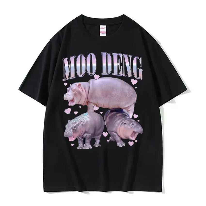 Moo Deng Pink Love Funny Cute Hippo Family T Shirt Men Clothing Harajuku Trend T-shirt Unisex Summer Pure Cotton Vintage Tshirts