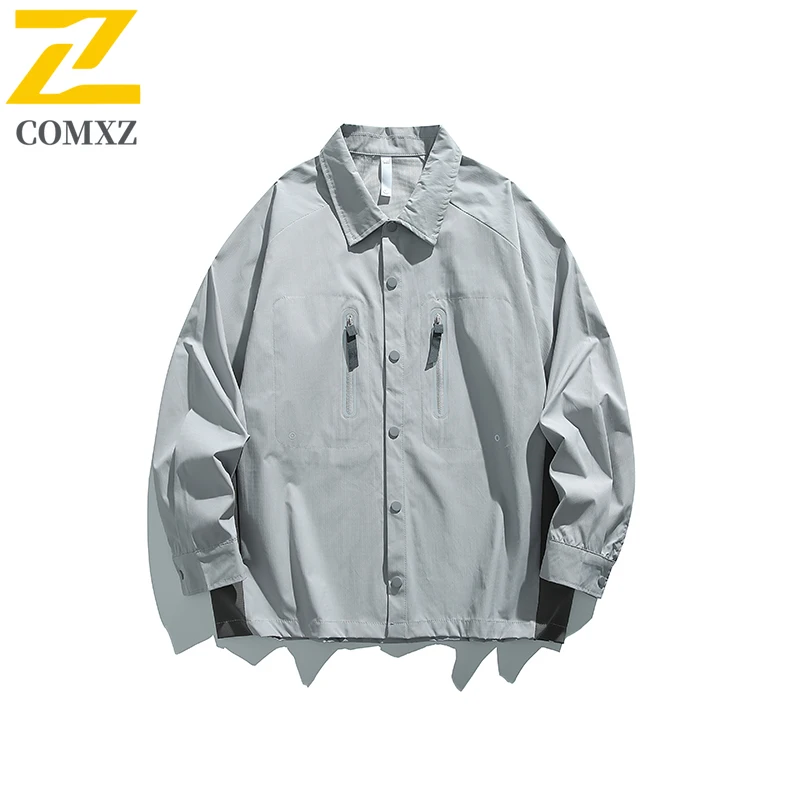 COMXZ Premium Men Jacket Classic Turndown Collar Outdoor Hiking Waterproof Durable Coat Autumn Lightweight Functional Garment