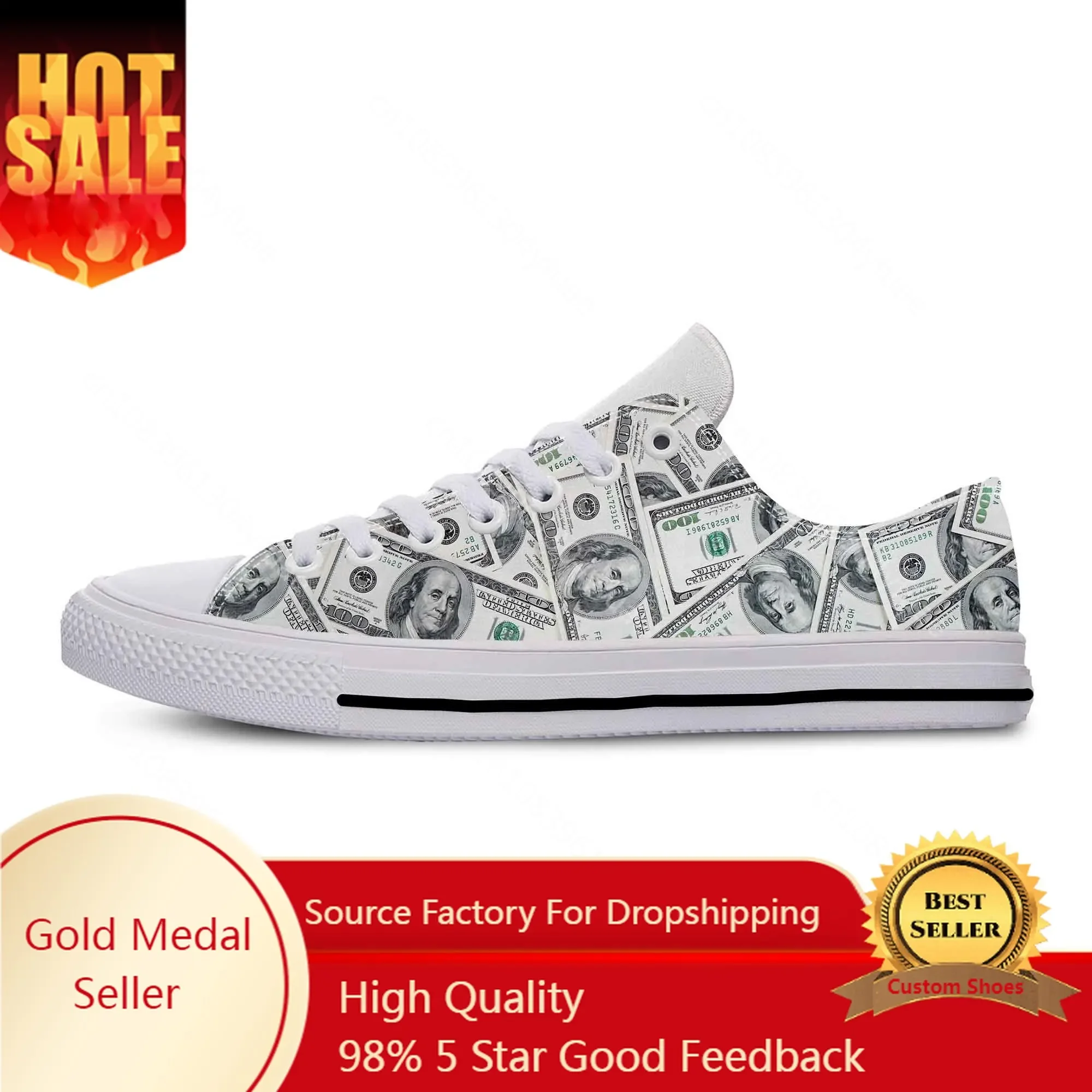 Gothic Dollar Money Pattern Funny Fashion Popular Casual Cloth Shoes Low Top Comfortable Breathable 3D Print Men Women Sneakers