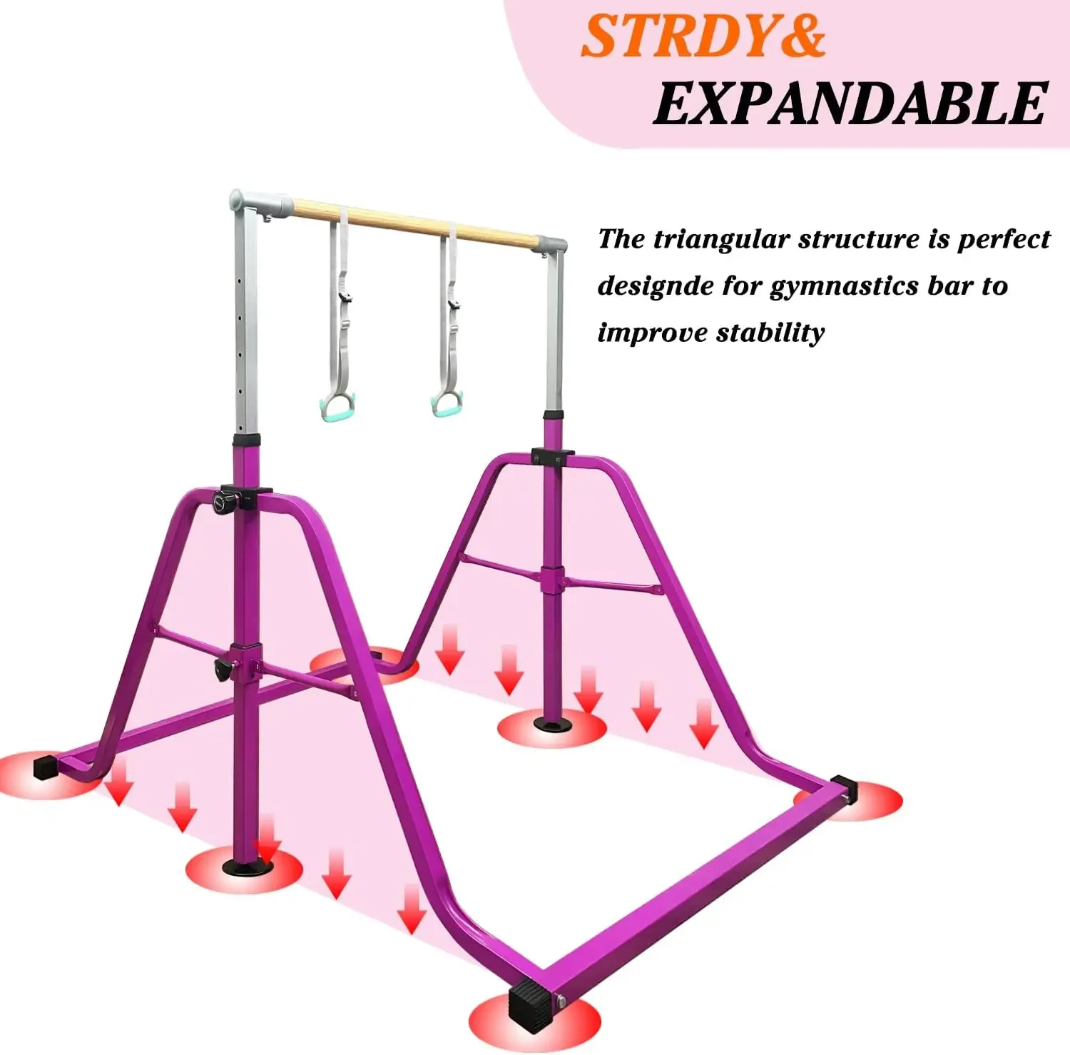 Gymnastics Horizontal Bar with Rings,3’to 5’Adjustable Height Expandable Junior Kip Bar for Home,Indoor Gym Equipment for Kids