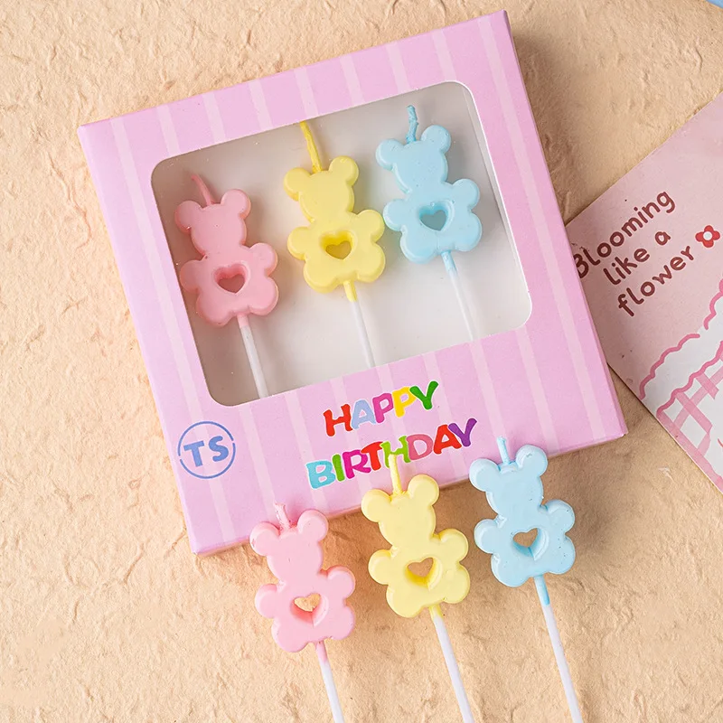 Ins Candy-style Heart-shaped Bear Candle Insert, Inedible Children's Birthday Cake Decoration, Colorful Dopamine Candle