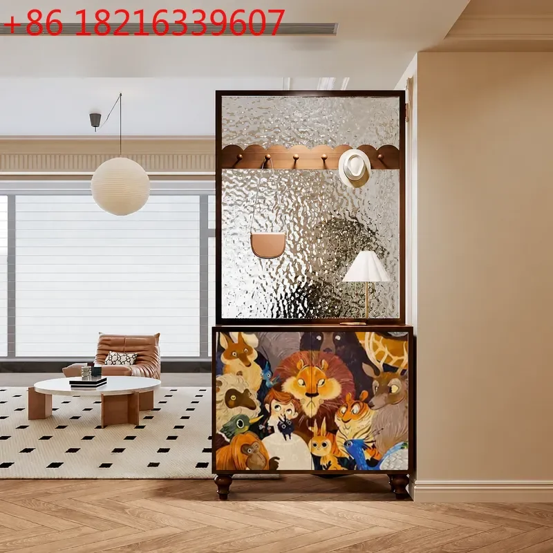 YAORetro Oil Painting Porch Cabinet Solid Wood Water Pattern Glass Entry Door Screen Partition Living Room Storage Shoe Cabinet