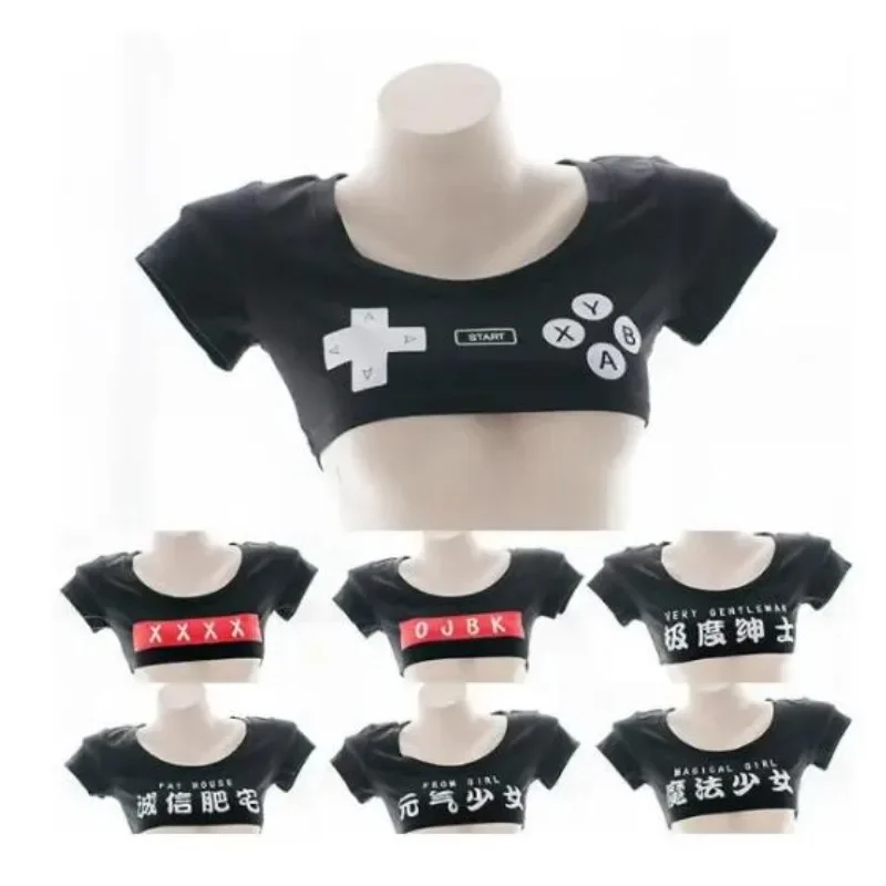 Harajuku Ultra-short T-shirt half breast Girl Black Japanese Anime Gentleman Vitality Magic Pattern Print Sexy Cute T-shirt Tops