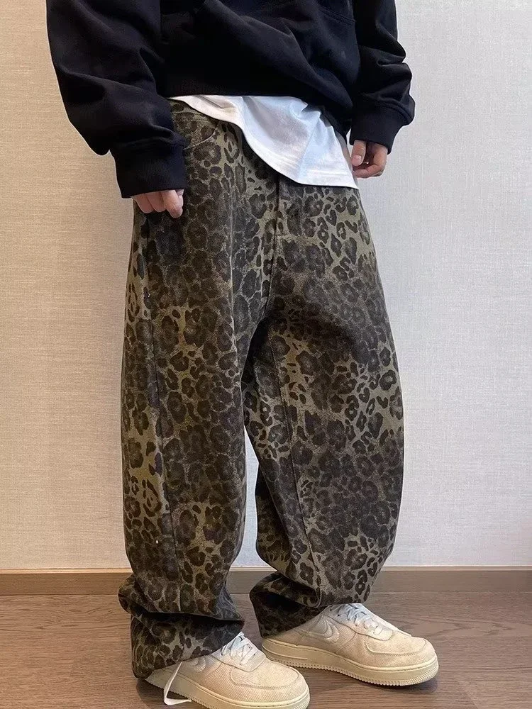 HOUZHOU Tan Leopard Jeans Men Denim Pants Male Oversize Wide Leg Trousers Streetwear Hip Hop Vintage Loose Casual Animal Print