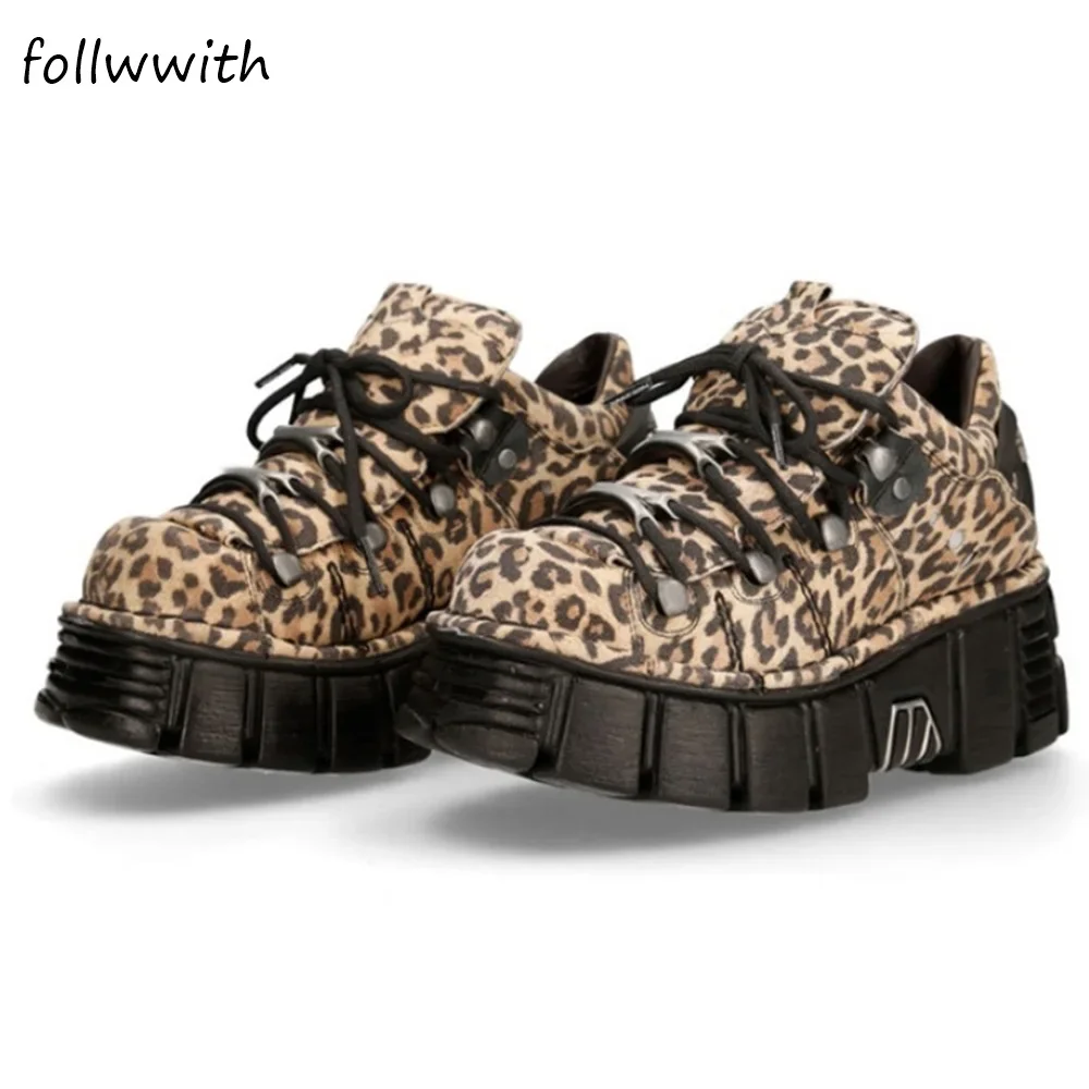 Leopard Metalls chnalle schnüren Freizeit schuhe Frauen runde Zehen 5cm Plattform Punk Schuhe Frühling Herbst neueste Mode Schuhe