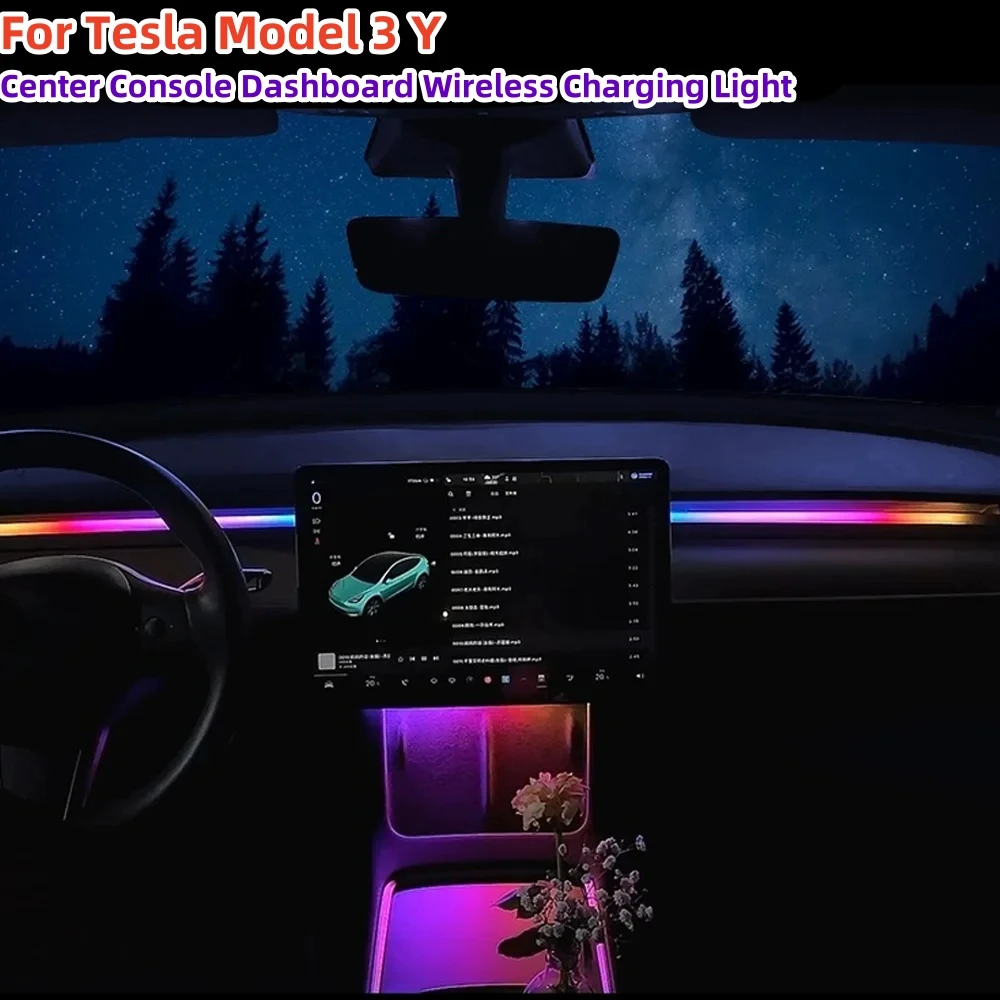 Console centrale cruscotto luce di ricarica Wireless per Tesla Model 3 Y 64 colori RGB Neon LED lampada ambientale USB Power APP Controller