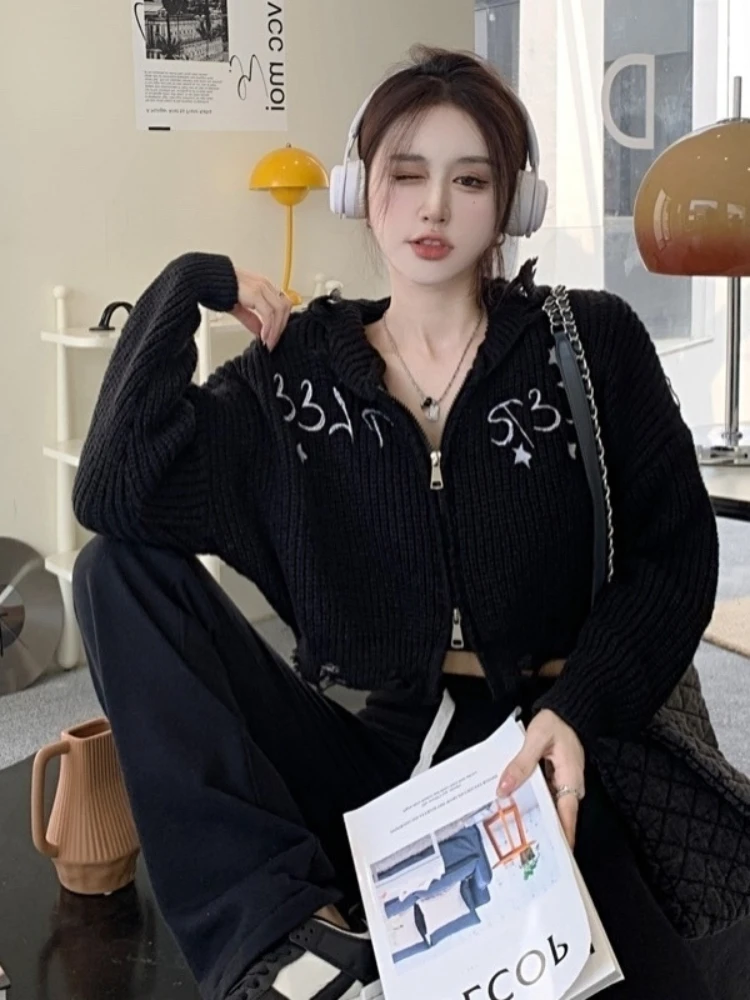 Deeptown Vintage Y2K Cropped Cardigan Women Harajuku Kpop Hollow Out Knitted Sweater Korean Fashion Zipper Knitwear Tops Grunge