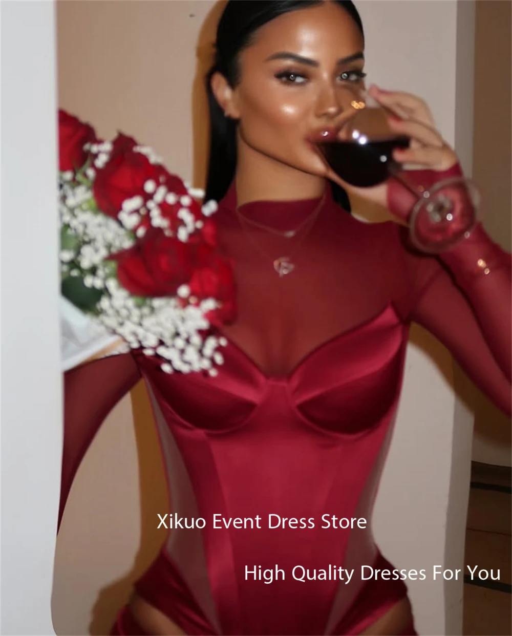 Xikuo バーガンディサテンロング女性のイブニングドレスイリュージョンフルスリーブローブ · ド · ソワレファムマーメイドウエディングパーティードレスカスタマイズ