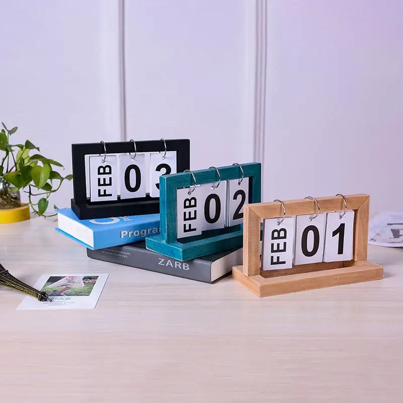 Minimalist Wooden Perpetual Flip Calendar Natural Wood Desktop Ornament for Home Dorm Study Office Desk Decor