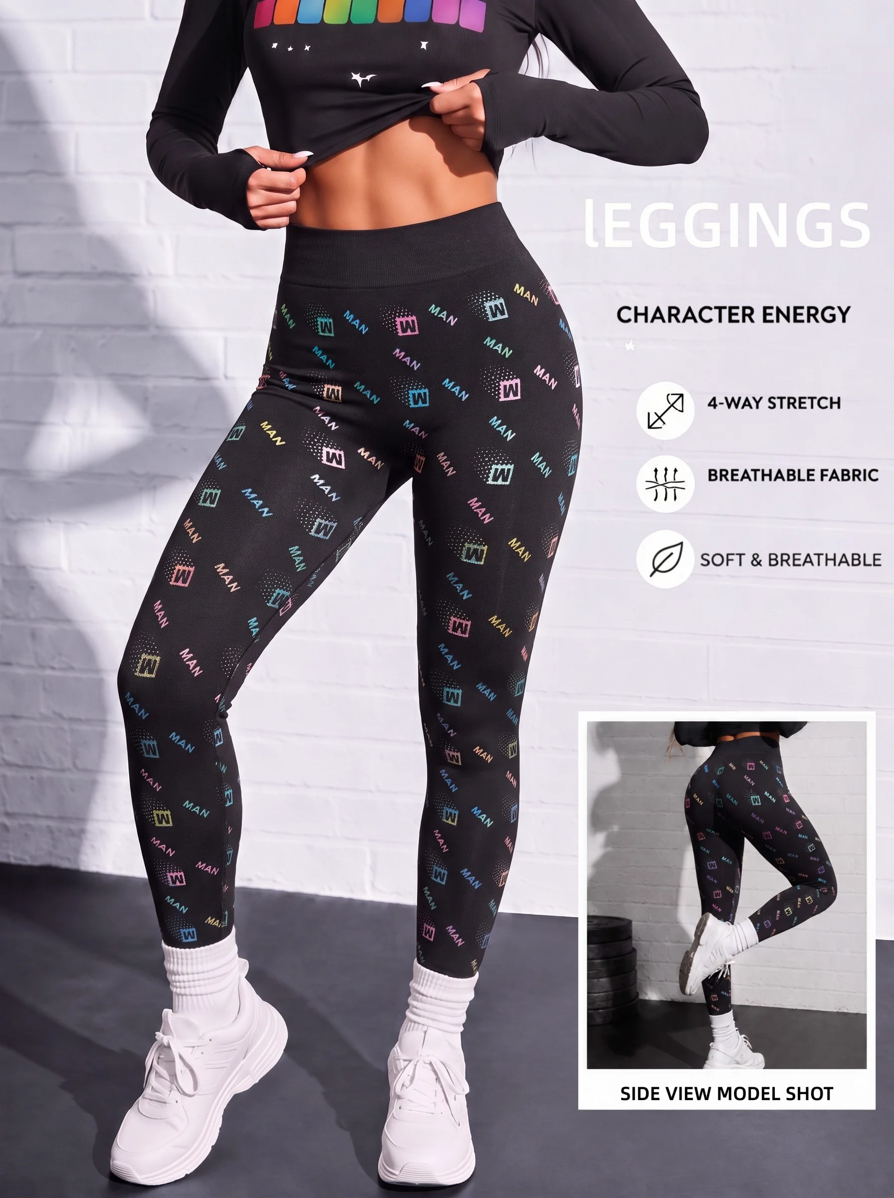 1er-Pack bunte Leggings mit Buchstabenmuster, hoher Taille, 4-Wege-Stretch, weiche, atmungsaktive, schmale Hose für Yoga, Laufen, Freizeitkleidung – Detail 5