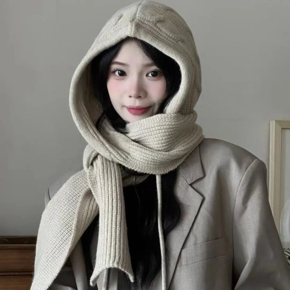 Moda inverno quente xale balaclava chapéus integrado engrossar malha pulôver chapéu macio proteção de orelha cachecol com capuz