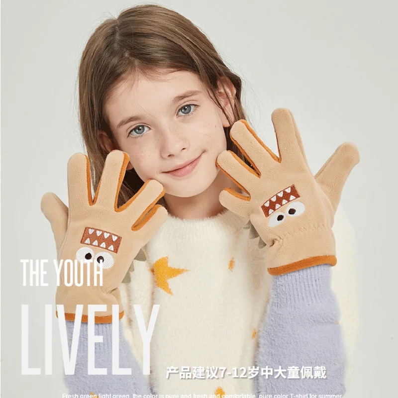 Guantes de lana de Coral para niños, bordado de tiburón de dibujos animados, guantes gruesos para exteriores, mantener el calor, invierno, 5 a 12