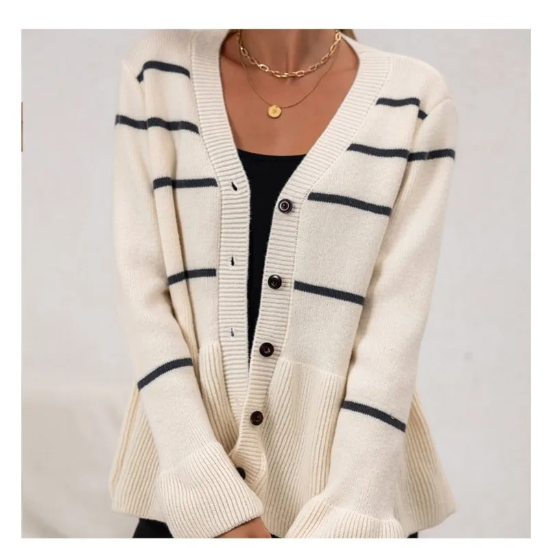 

Casual Women's Cardigan Autumn Winter Lazy Buttoned V-neck Stripe Knitted Sweater Loose Comfortable Daily Female Knitting Coat