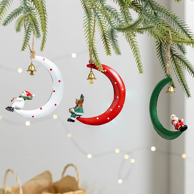 Iron Bell Resin Reindeer Figurine Christmas Tree Ornament Set Festive Hanging Decor for Home Holiday Display