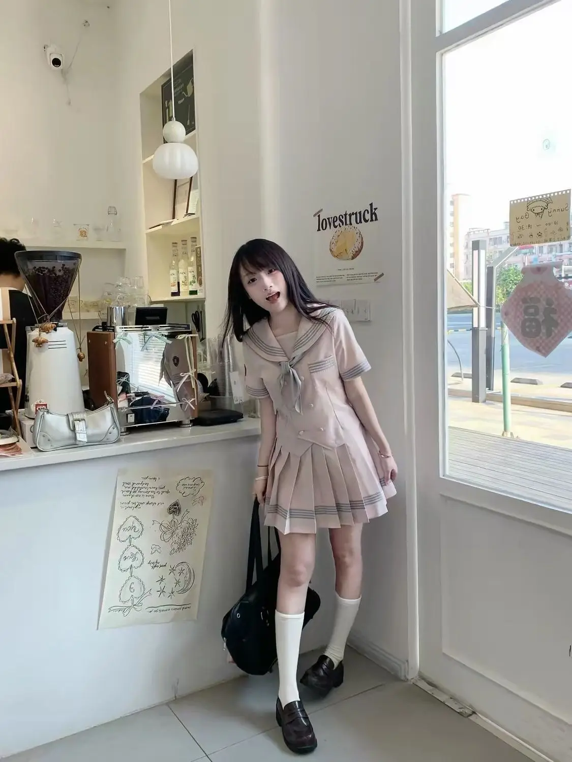 Sweet Kawaii JK Uniform 2 Piece Set Women Pink Sailor Collar Bow Tie Emblem Patch Short Sleeve High Waist Pleated Skirt Slim view 6