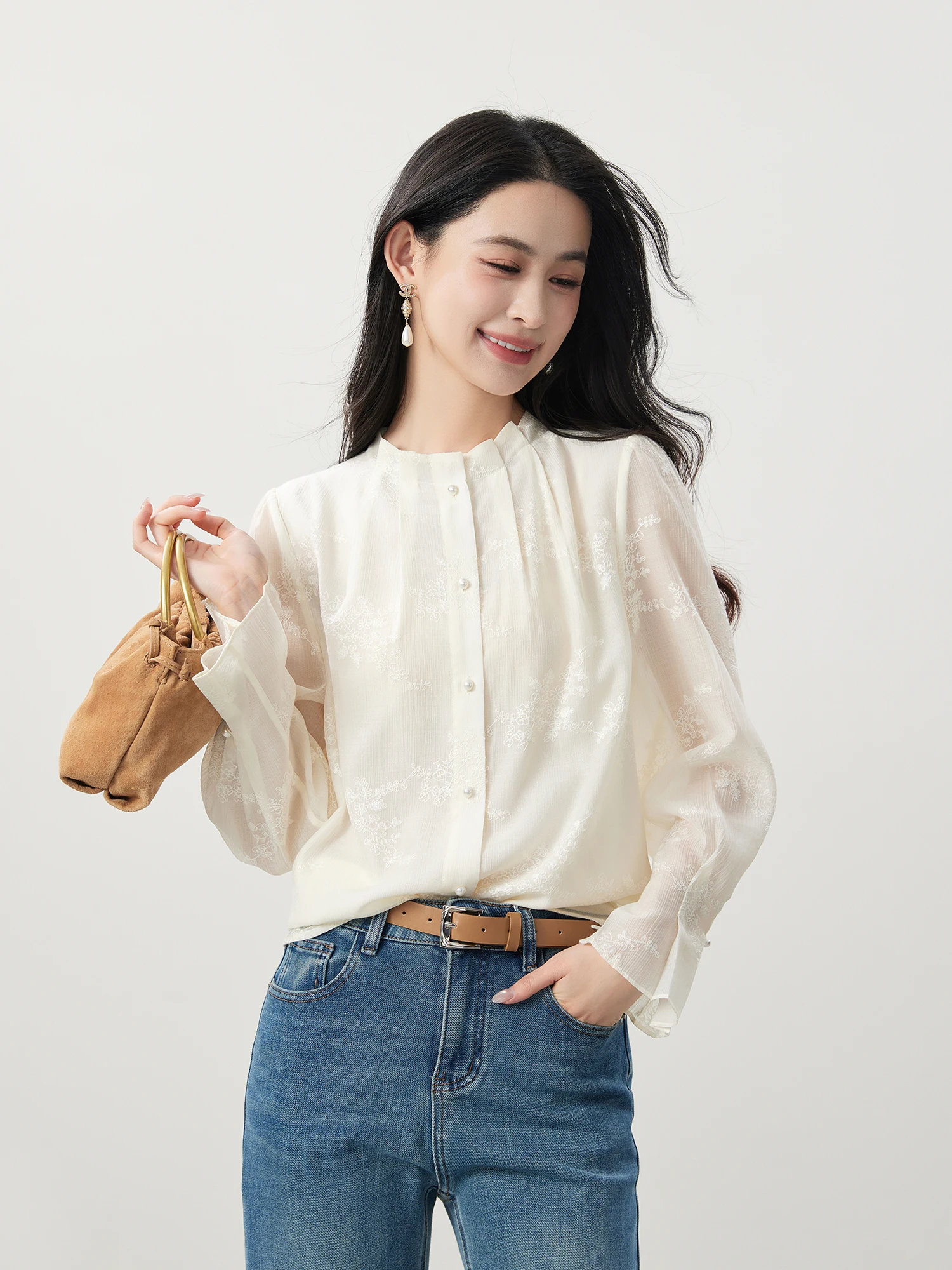 

Elegant Embroidered Petal Pleated Stand Collar Pearl Button Women's Shirt Spring 2026 MIJOR Brand Long Sleeve Straight Cut